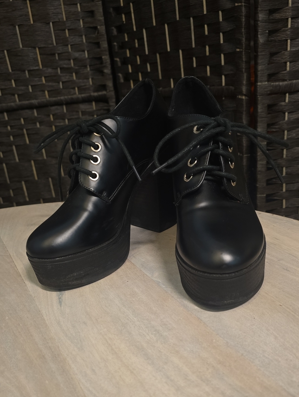 Allegra K Black Platform Lace Up Chunky Heel Oxford Ankle Boots Size 7.5